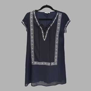 Speckless Navy Embroidered Boho Tunic Dress Small Lace Up V-Neck Cap Sleeve